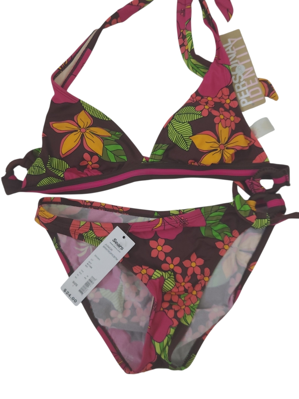NEW Floral Halter Bikini Set in Brown Pink Medium Top, Large Bottoms Swimsuit